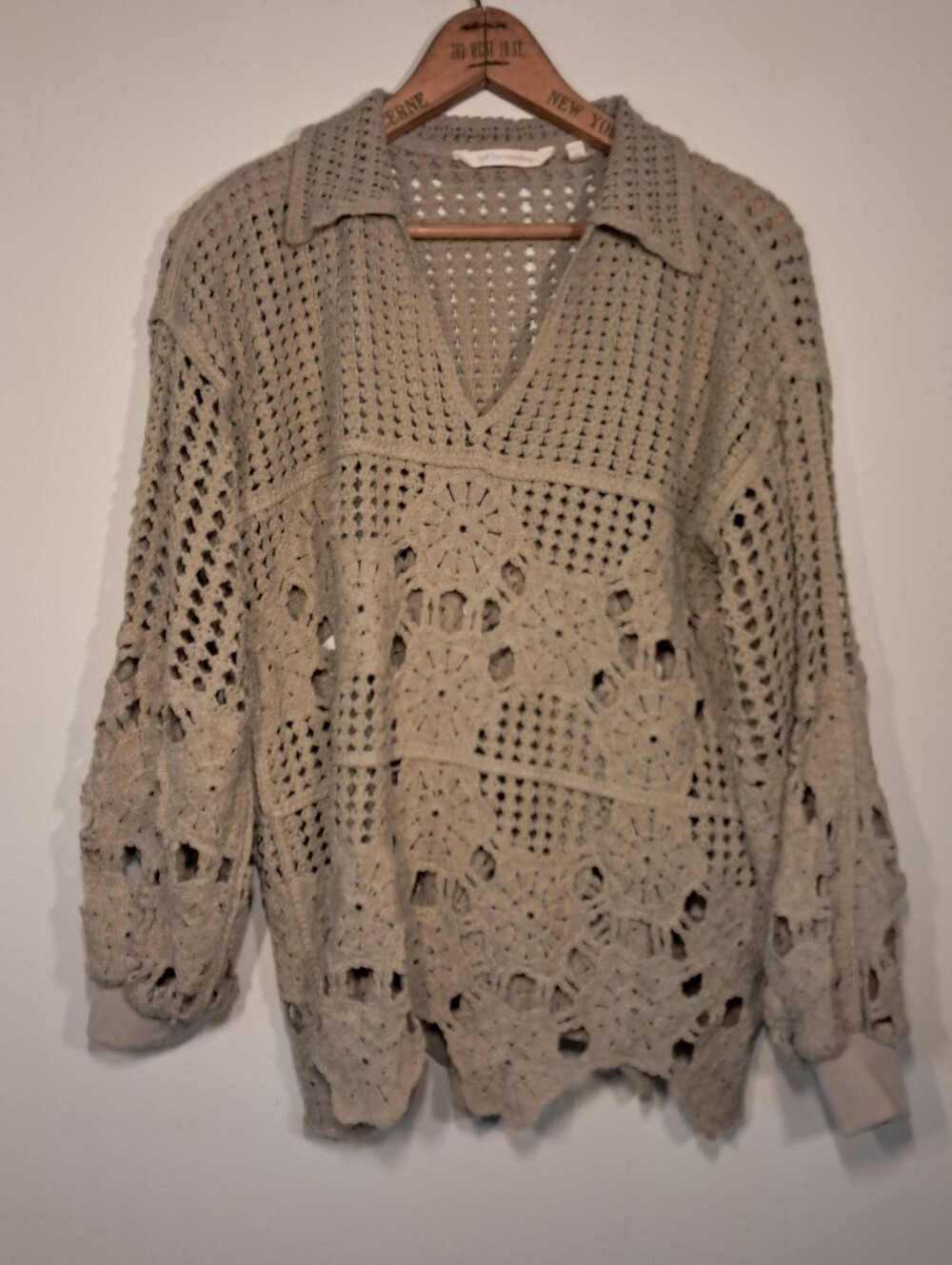 Soft Surroundings Open-Knit V-Neck Crochet Pullover in Beige